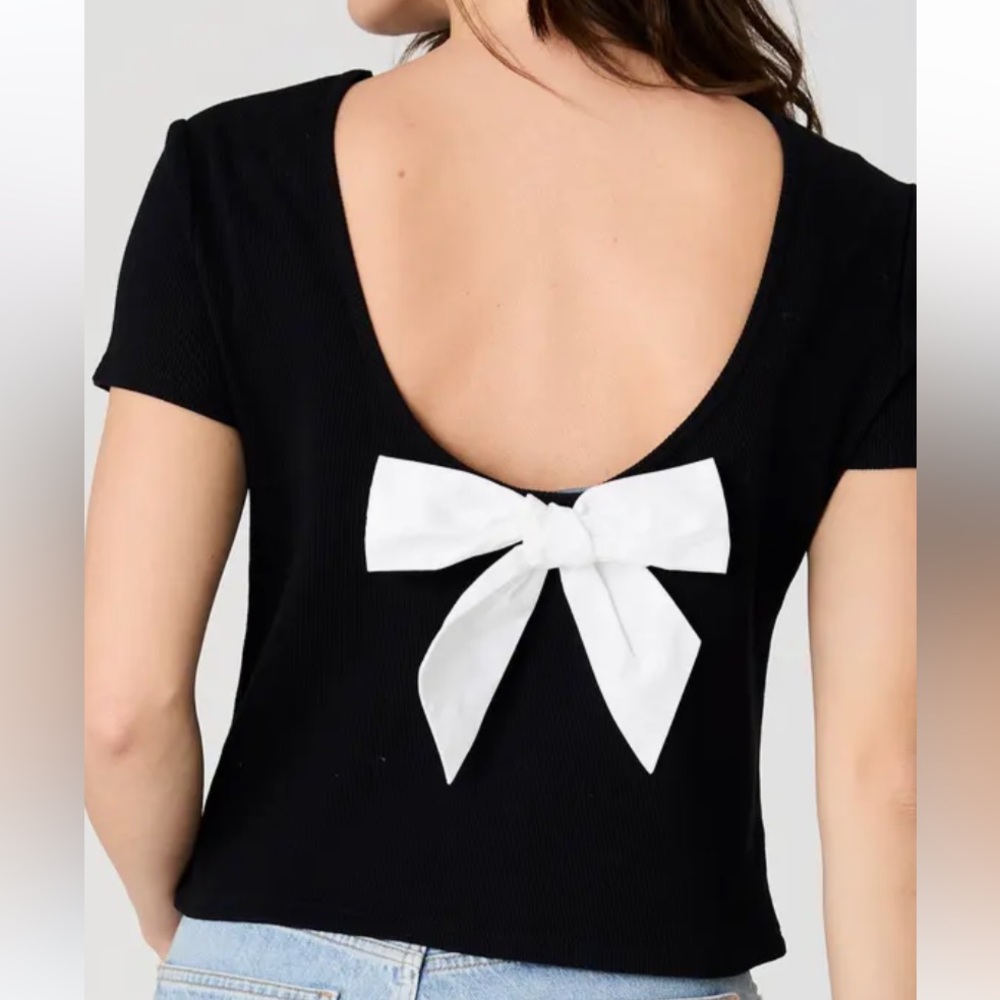French Connection Bow Back Stretch Black Cotton Short Sleeve T-Shirt MED